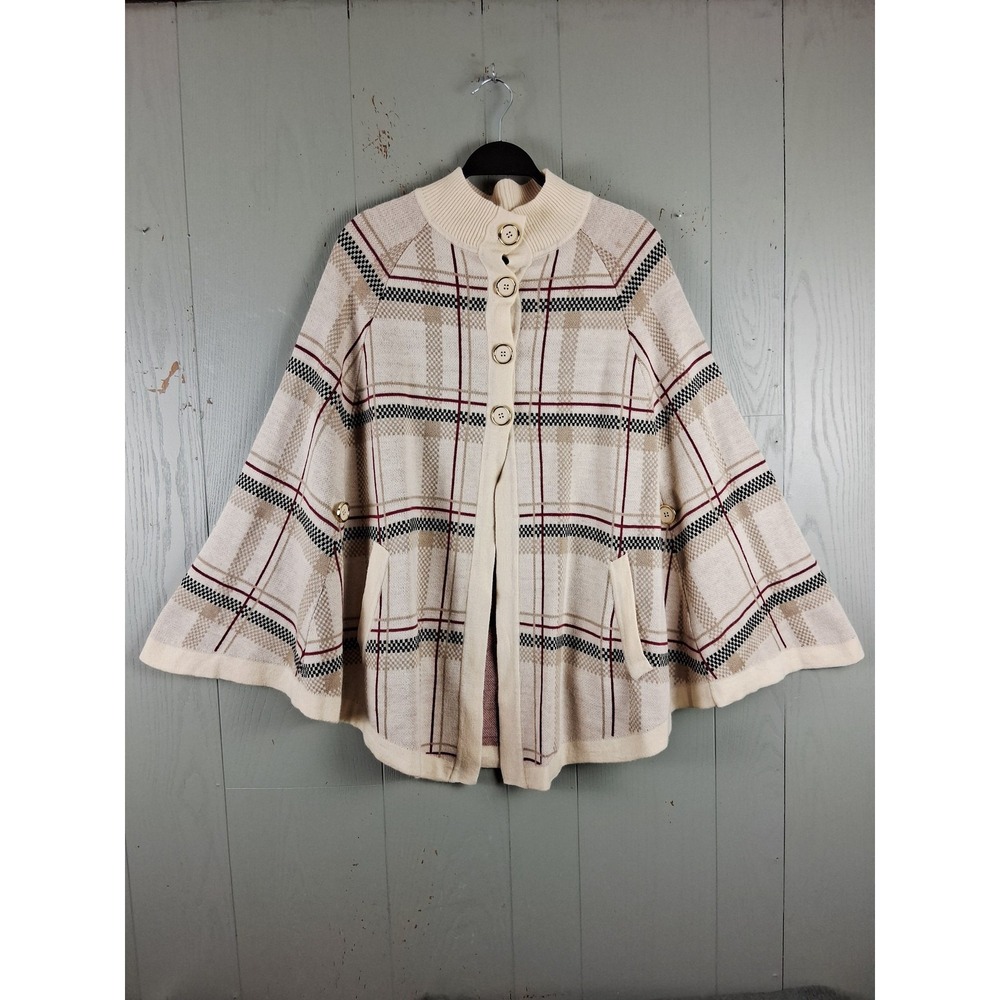 Hot In Hollywood Sweater Women Medium Large Plaid Button Front Cape Knit Pockets